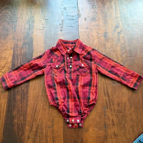Baby 9-12m WRANGLER EUC Plaid Button-Up onsie and Blue Jeans Set - Picture 3 of 7